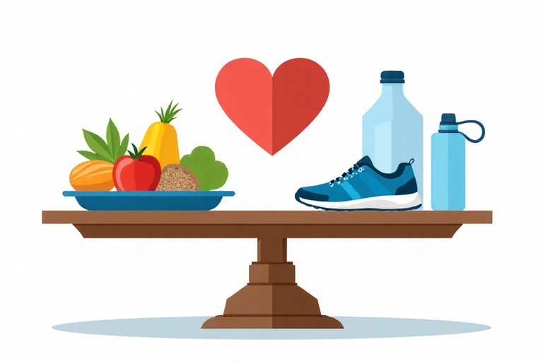 Una bilancia che bilancia alimenti sani su un piatto e attività fisica (scarpe da corsa) sull'altro, con un cuore al centro