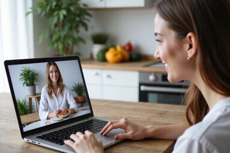 Donna sorridente che usa un laptop per una videochiamata con un nutrizionista, con uno sfondo di cibi sani e un ambiente confortevole.